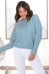 Joanne Knit Top - Crew Neckline Bat Wing Long Sleeve Top in Water Blue