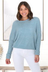 Joanne Knit Top - Crew Neckline Bat Wing Long Sleeve Top in Water Blue