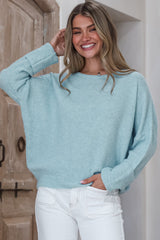 Joanne Knit Top - Crew Neckline Bat Wing Long Sleeve Top in Blue