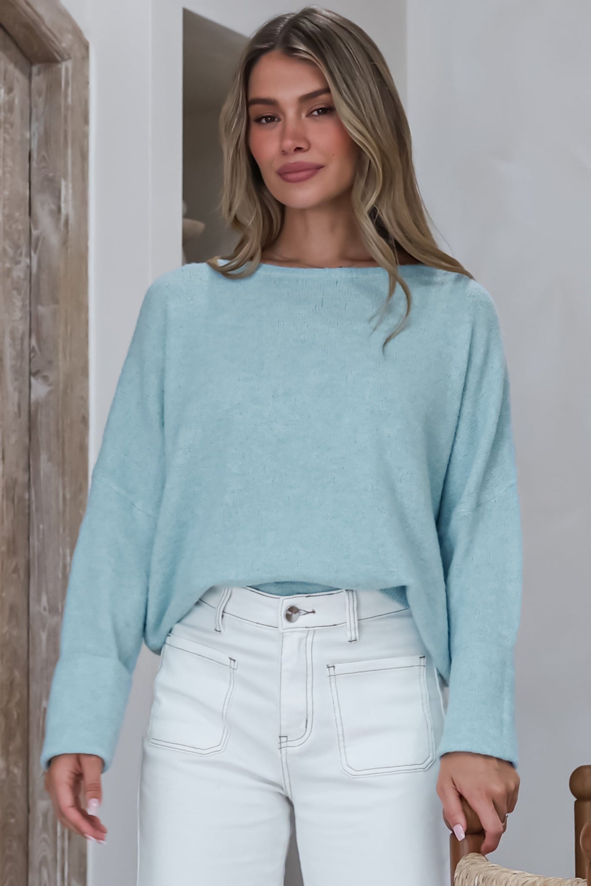 Joanne Knit Top - Crew Neckline Bat Wing Long Sleeve Top in Blue