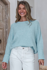 Joanne Knit Top - Crew Neckline Bat Wing Long Sleeve Top in Blue