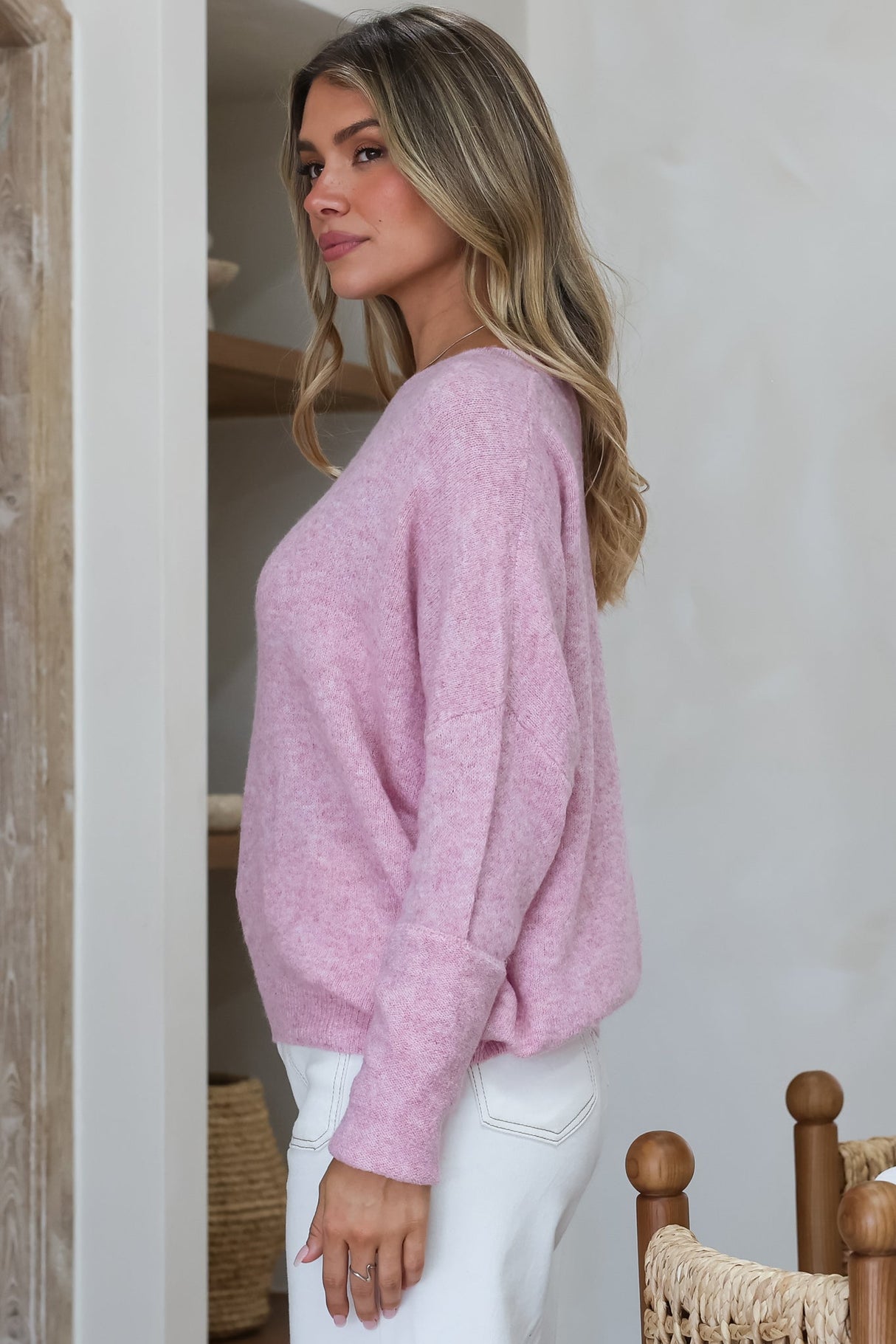 Joanne Knit Top - Crew Neckline Bat Wing Long Sleeve Top in Boysenberry