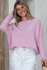 Joanne Knit Top - Crew Neckline Bat Wing Long Sleeve Top in Boysenberry