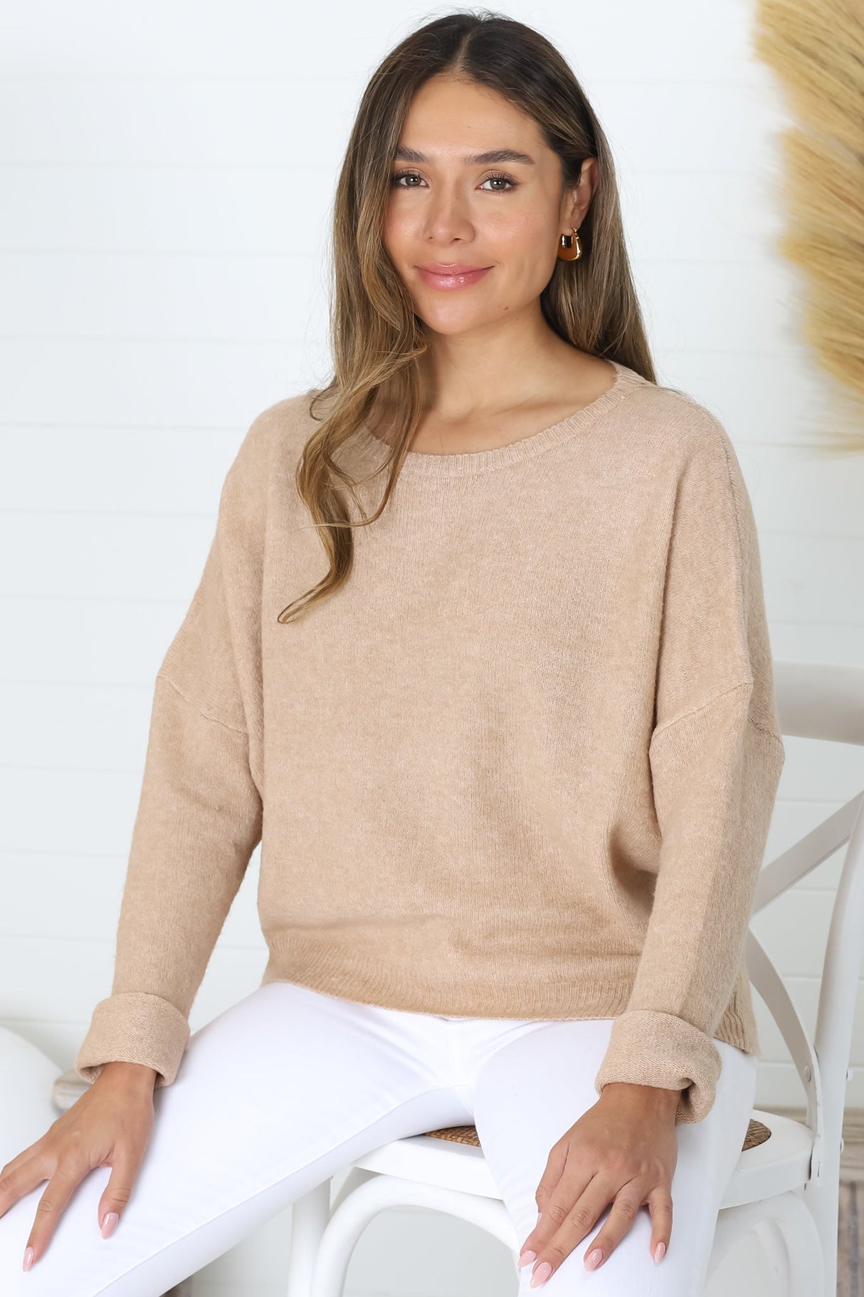 Joanne Knit Top - Crew Neckline Bat Wing Long Sleeve Top in Caramel