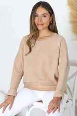 Joanne Knit Top - Crew Neckline Bat Wing Long Sleeve Top in Caramel
