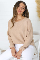 Joanne Knit Top - Crew Neckline Bat Wing Long Sleeve Top in Caramel
