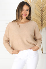 Joanne Knit Top - Crew Neckline Bat Wing Long Sleeve Top in Caramel