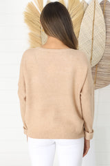 Joanne Knit Top - Crew Neckline Bat Wing Long Sleeve Top in Caramel