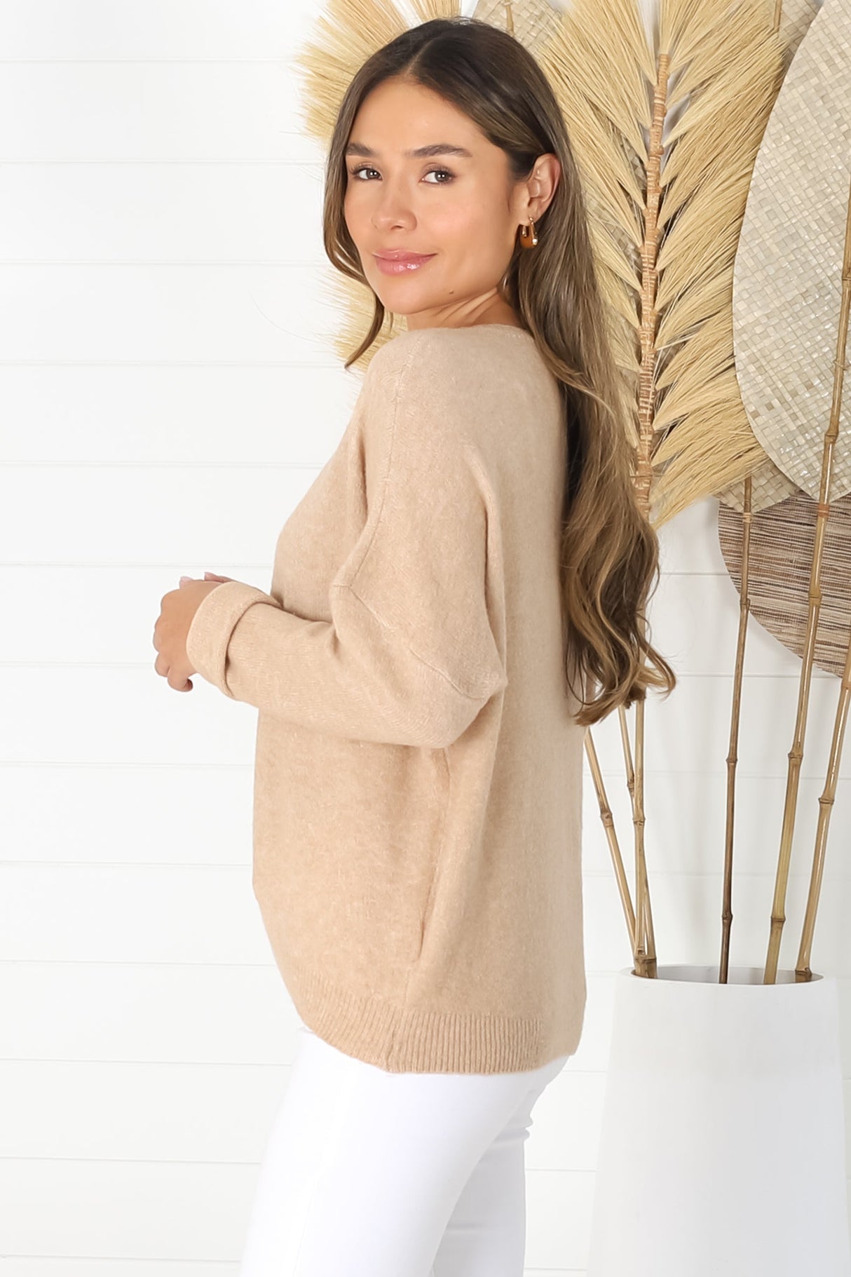 Joanne Knit Top - Crew Neckline Bat Wing Long Sleeve Top in Caramel