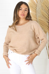 Joanne Knit Top - Crew Neckline Bat Wing Long Sleeve Top in Caramel