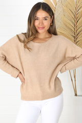 Joanne Knit Top - Crew Neckline Bat Wing Long Sleeve Top in Caramel