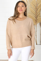 Joanne Knit Top - Crew Neckline Bat Wing Long Sleeve Top in Caramel