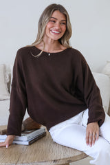 Joanne Knit Top - Crew Neckline Bat Wing Long Sleeve Top in Chocolate
