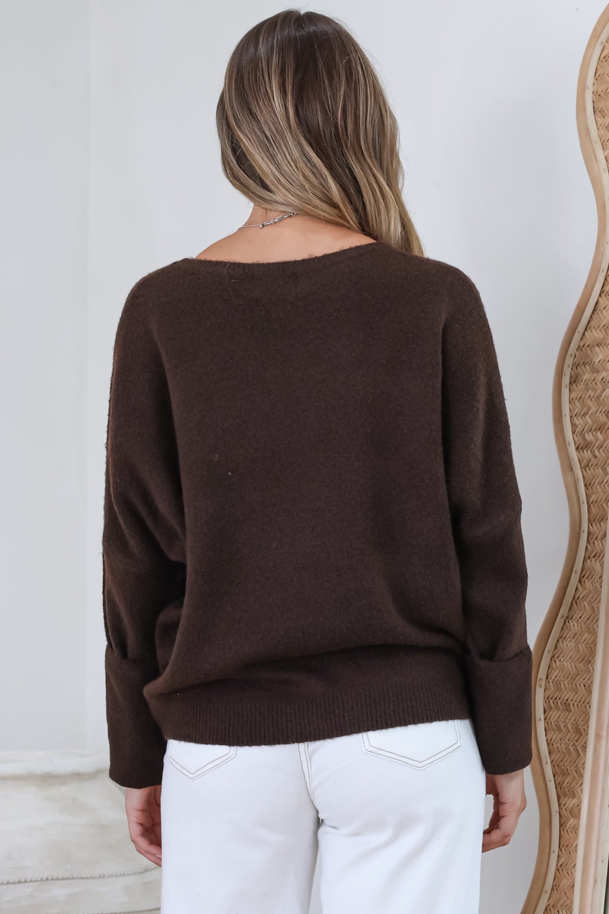 Joanne Knit Top - Crew Neckline Bat Wing Long Sleeve Top in Chocolate