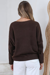 Joanne Knit Top - Crew Neckline Bat Wing Long Sleeve Top in Chocolate