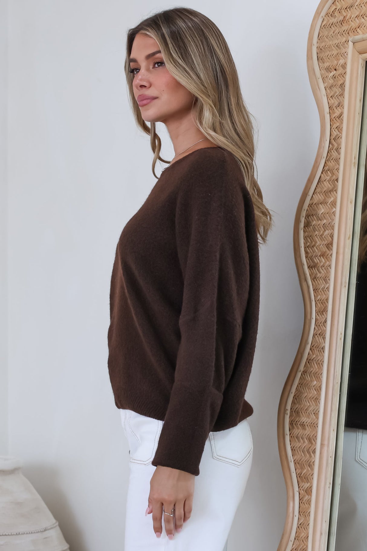 Joanne Knit Top - Crew Neckline Bat Wing Long Sleeve Top in Chocolate