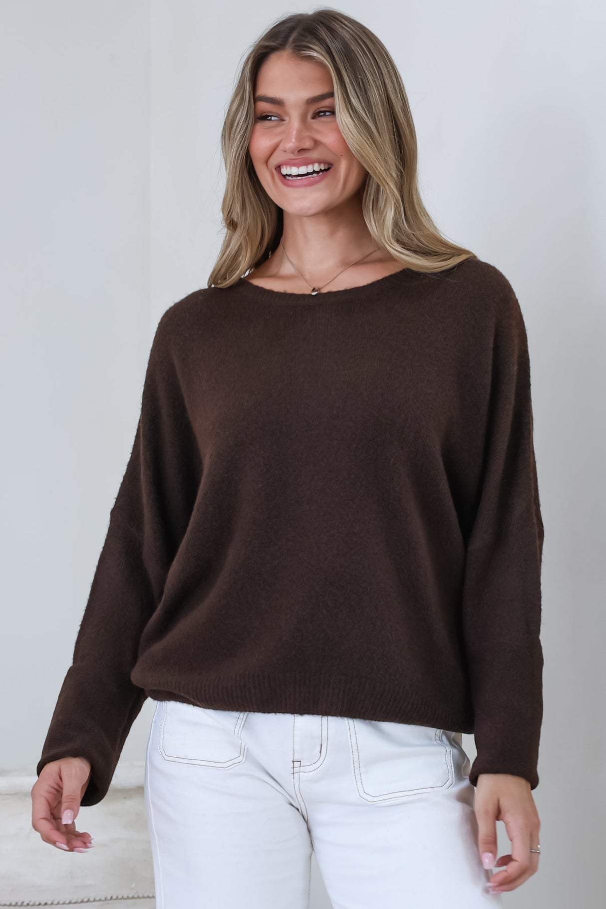 Joanne Knit Top - Crew Neckline Bat Wing Long Sleeve Top in Chocolate