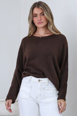 Joanne Knit Top - Crew Neckline Bat Wing Long Sleeve Top in Chocolate