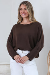 Joanne Knit Top - Crew Neckline Bat Wing Long Sleeve Top in Chocolate