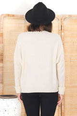 Joanne Knit Top - Crew Neckline Bat Wing Long Sleeve Top in Cream