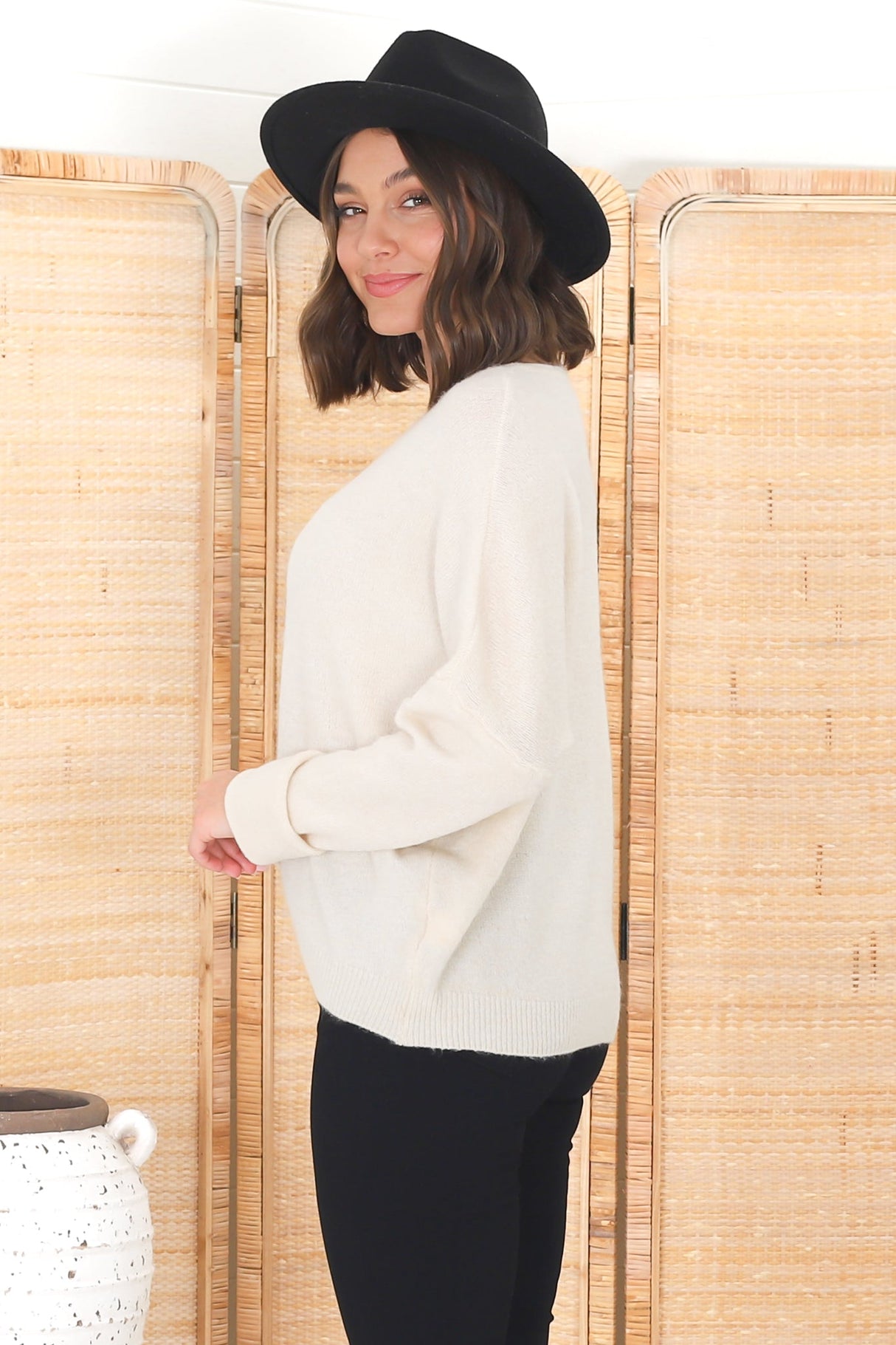 Joanne Knit Top - Crew Neckline Bat Wing Long Sleeve Top in Cream