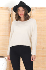 Joanne Knit Top - Crew Neckline Bat Wing Long Sleeve Top in Cream