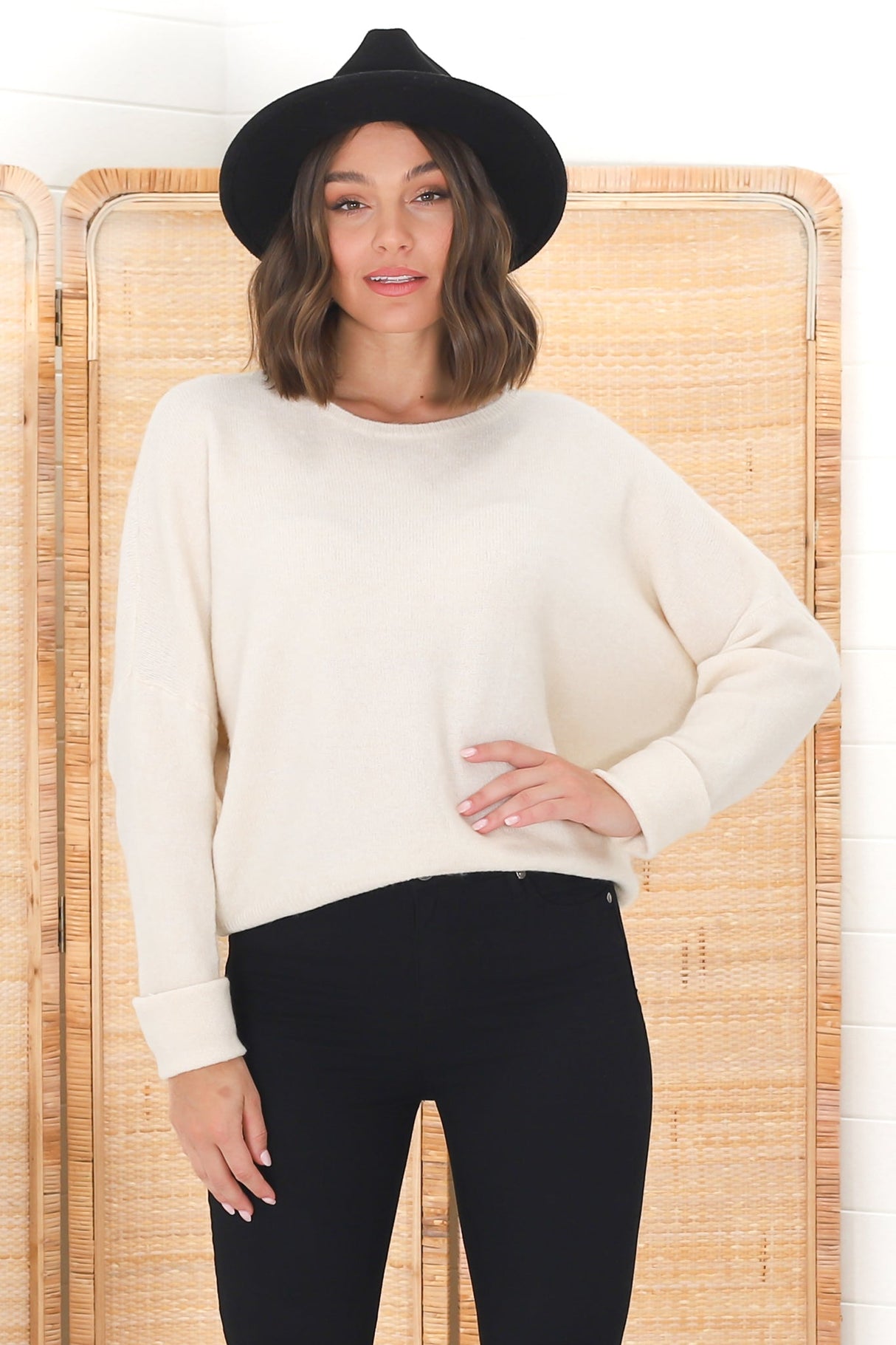 Joanne Knit Top - Crew Neckline Bat Wing Long Sleeve Top in Cream