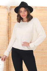 Joanne Knit Top - Crew Neckline Bat Wing Long Sleeve Top in Cream