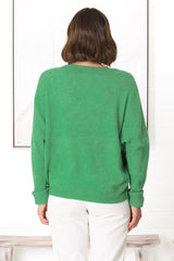 Joanne Knit Top - Crew Neckline Bat Wing Long Sleeve Top in Green