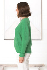 Joanne Knit Top - Crew Neckline Bat Wing Long Sleeve Top in Green