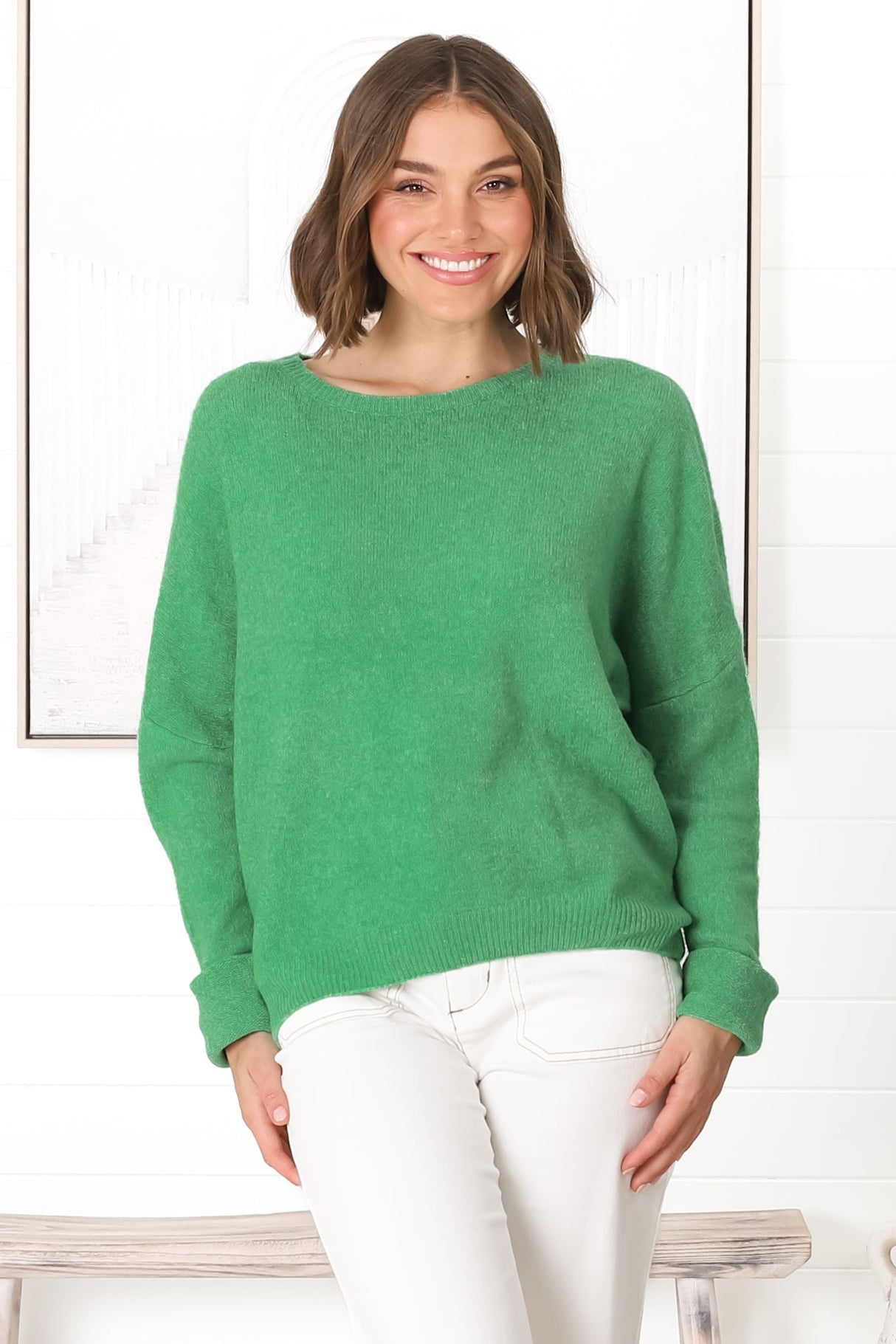 Joanne Knit Top - Crew Neckline Bat Wing Long Sleeve Top in Green