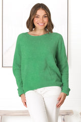 Joanne Knit Top - Crew Neckline Bat Wing Long Sleeve Top in Green