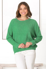 Joanne Knit Top - Crew Neckline Bat Wing Long Sleeve Top in Green