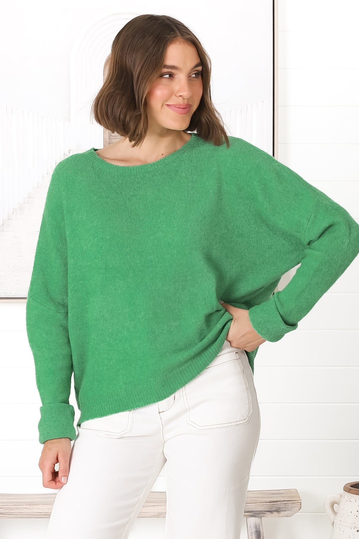 Joanne Knit Top - Crew Neckline Bat Wing Long Sleeve Top in Green