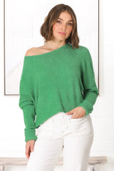 Joanne Knit Top - Crew Neckline Bat Wing Long Sleeve Top in Green