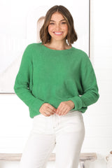 Joanne Knit Top - Crew Neckline Bat Wing Long Sleeve Top in Green