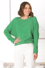 Joanne Knit Top - Crew Neckline Bat Wing Long Sleeve Top in Green