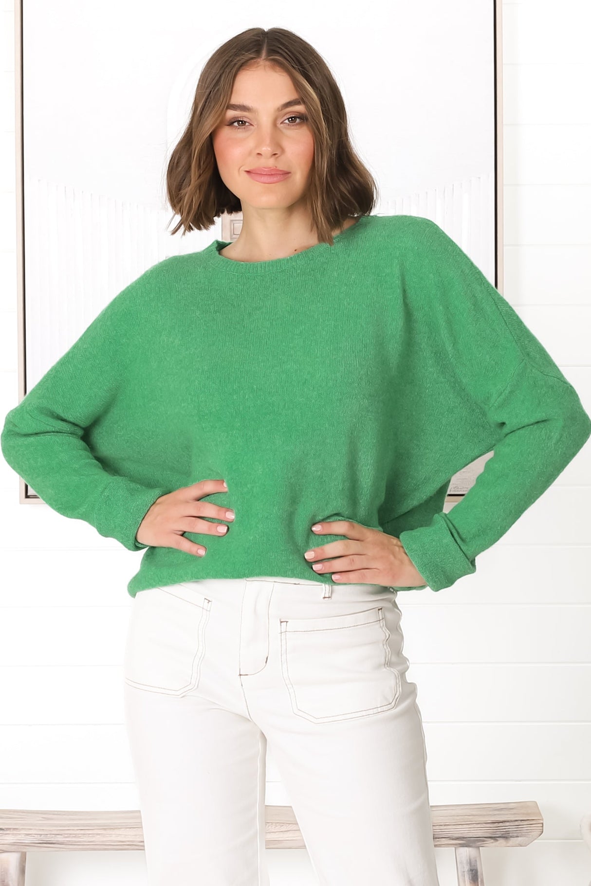 Joanne Knit Top - Crew Neckline Bat Wing Long Sleeve Top in Green