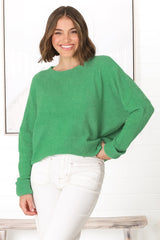 Joanne Knit Top - Crew Neckline Bat Wing Long Sleeve Top in Green