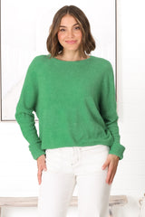 Joanne Knit Top - Crew Neckline Bat Wing Long Sleeve Top in Green