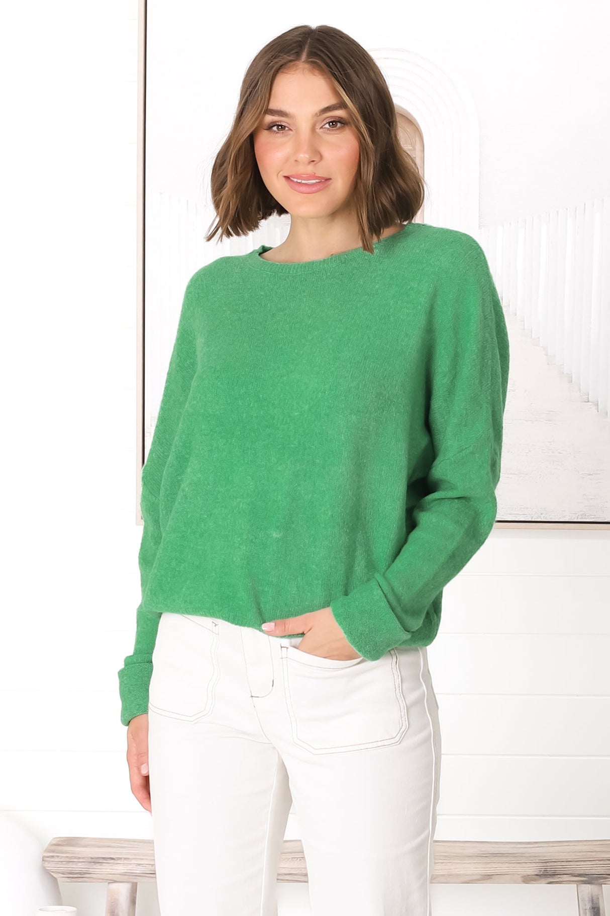 Joanne Knit Top - Crew Neckline Bat Wing Long Sleeve Top in Green