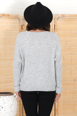 Joanne Knit Top - Crew Neckline Bat Wing Long Sleeve Top in Grey