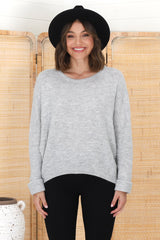 Joanne Knit Top - Crew Neckline Bat Wing Long Sleeve Top in Grey