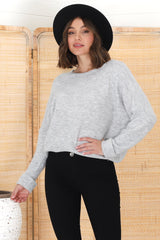 Joanne Knit Top - Crew Neckline Bat Wing Long Sleeve Top in Grey