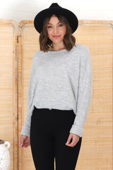 Joanne Knit Top - Crew Neckline Bat Wing Long Sleeve Top in Grey
