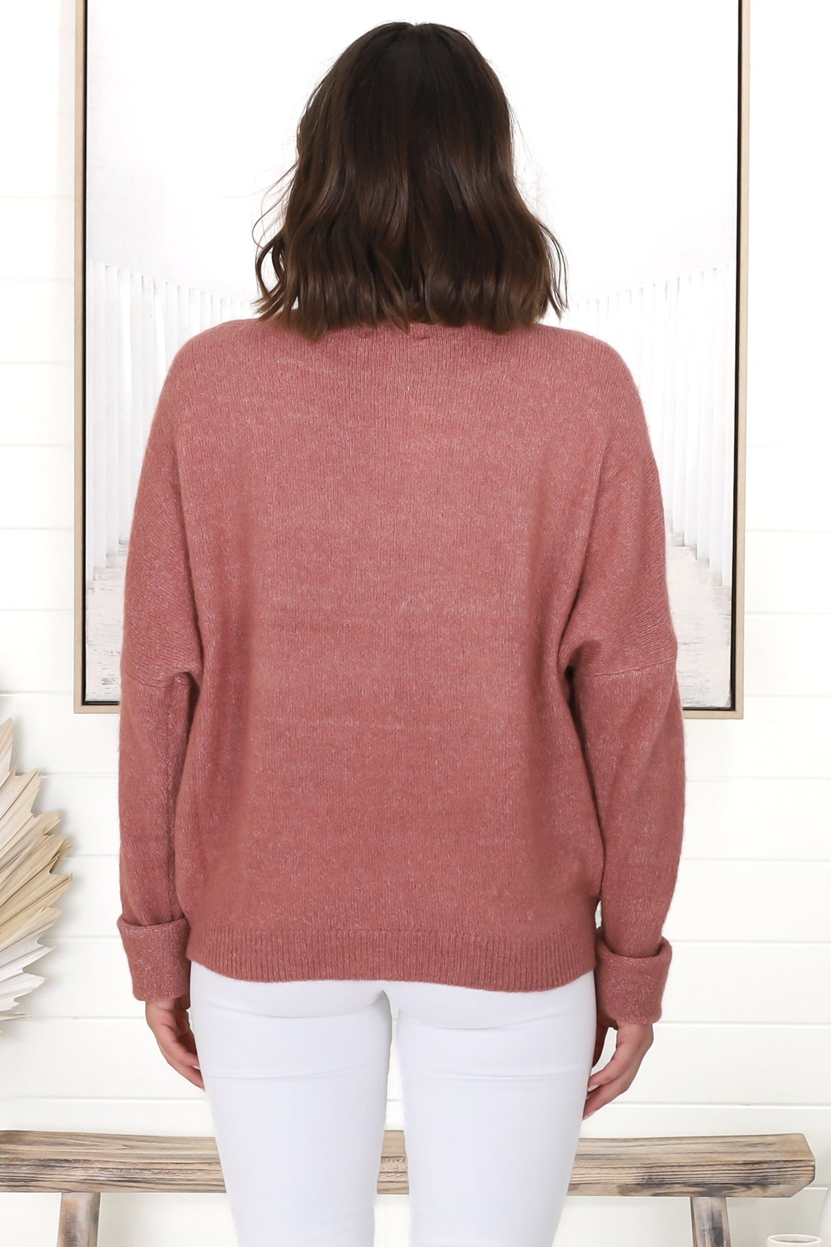 Joanne Knit Top - Crew Neckline Bat Wing Long Sleeve Top in Guava