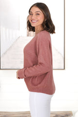 Joanne Knit Top - Crew Neckline Bat Wing Long Sleeve Top in Guava