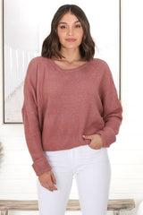 Joanne Knit Top - Crew Neckline Bat Wing Long Sleeve Top in Guava