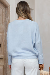 Joanne Knit Top - Crew Neckline Bat Wing Long Sleeve Top in Light Blue