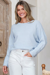 Joanne Knit Top - Crew Neckline Bat Wing Long Sleeve Top in Light Blue